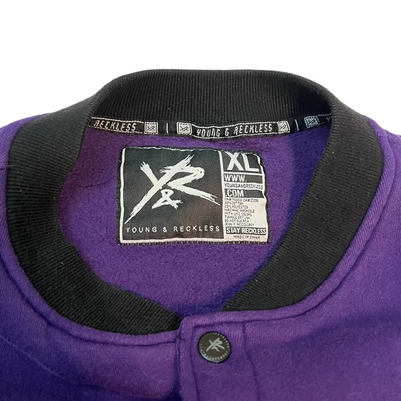Young & Reckless XL Varsity Bomber Jacket Purple Black RECKLESS Logo - Picture 5 of 7